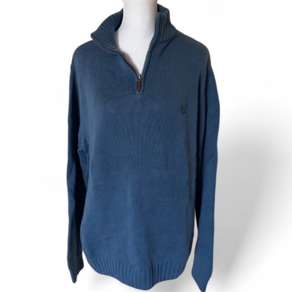 Chaps Mens Blue Knit Long Sleeve Quarter Zip V neck Sweater size Medium - Picture 2 of 7